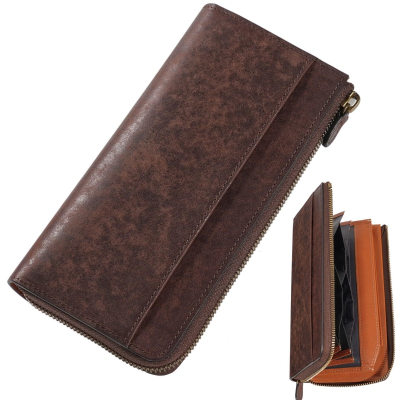 Men's Premium Feeling Cowhide Leather Zipper Long Clutch Men's Wallets