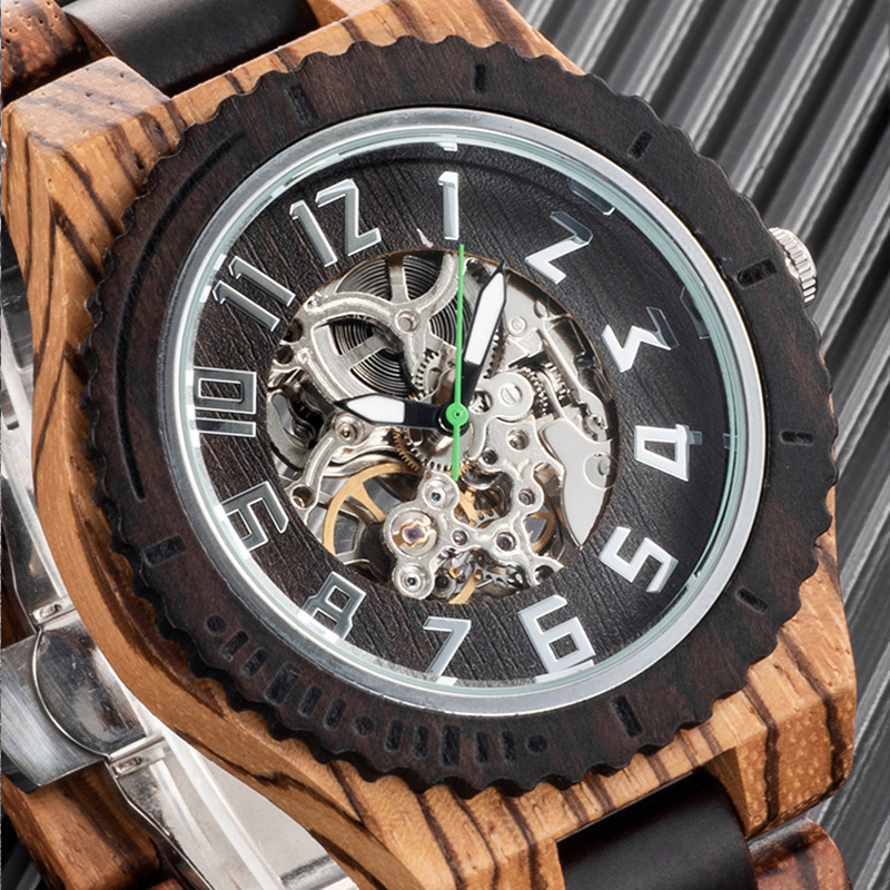 Ancient style senior sense of wood grain men's skeleton automatic mechanical wood watch